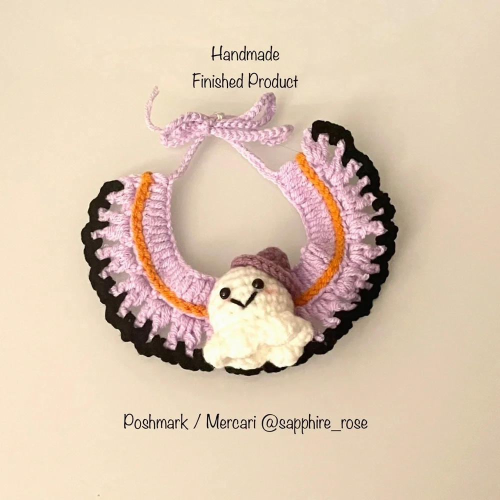 Handmade Halloween Pet Costume Collar Cat Dog Crochet Ghost Finished Product New